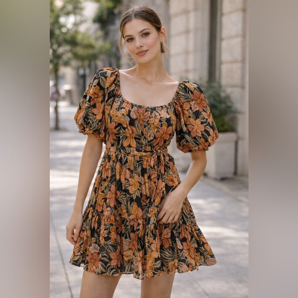 Olivaceous Black Floral Puff-Sleeve Midi Dress with Orange Blooms